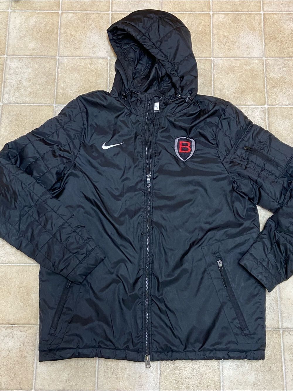 Nike Black Hooded Puffer Jacket with Red 'B' Shield Emblem Size L